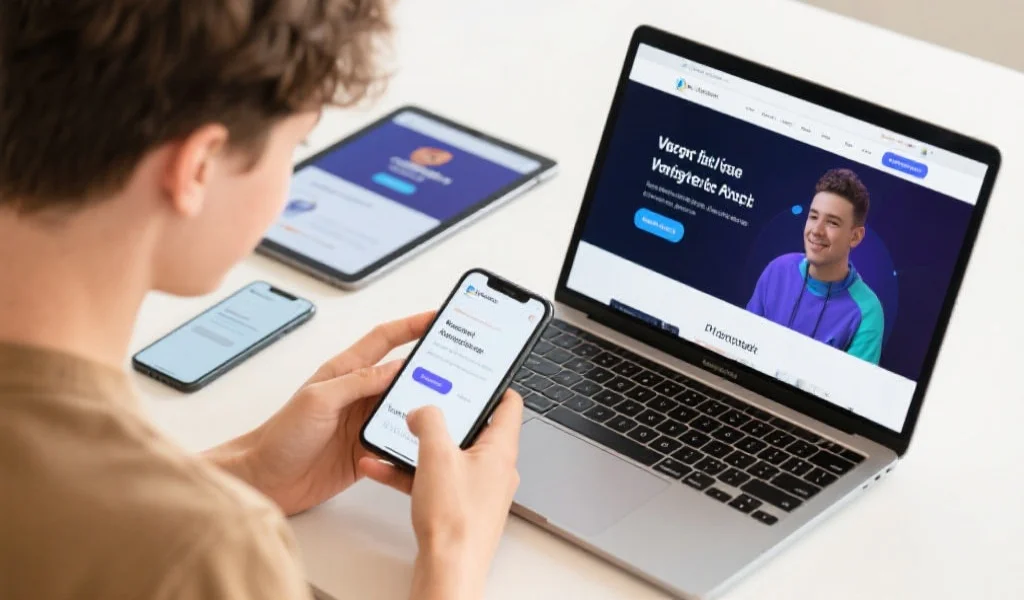 现代年轻人使用不同设备（手机、平板、笔记本电脑）无缝切换访问同一娱乐平台，界面一致流畅