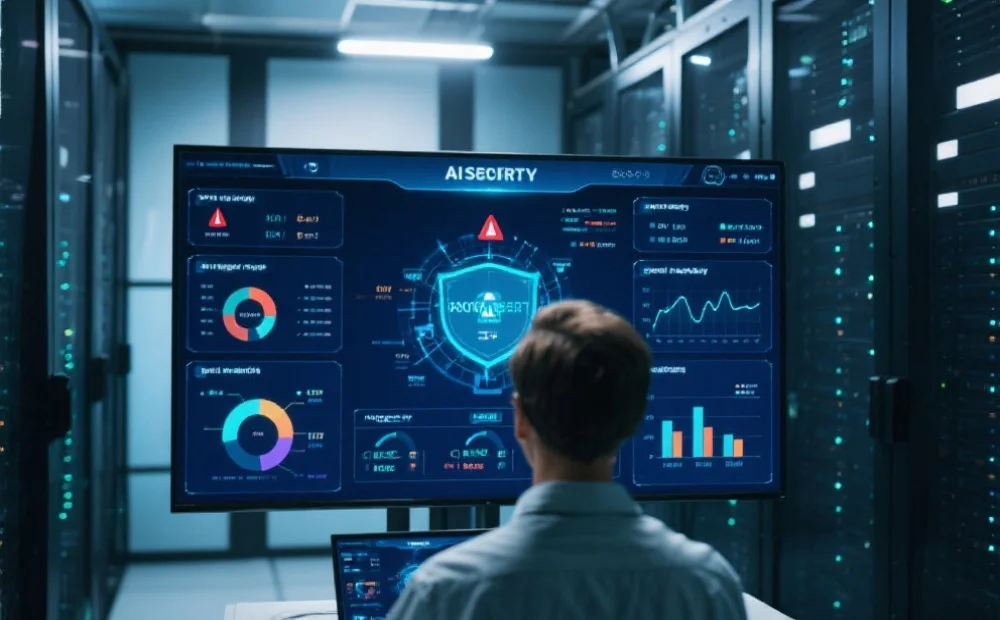 现代化服务器机房内的安全专家正在使用大屏幕监控AI安全系统，界面上可见实时警报和数据分析图表