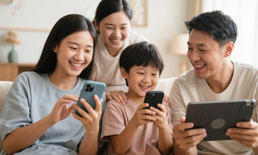 一个家庭成员分别在移动设备和平板电脑前愉快地娱乐，体现多元化选择